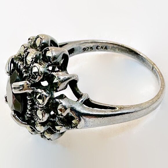Vintage Garnet Ring Sterling Silver Marcasite Art Deco Style CNA Red Black Stone - Picture 3 of 5